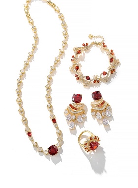 彩宝系列气质红色项链耳环戒指手链四件套网红奢华个性宴会高级感