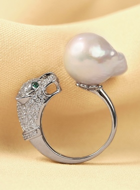 925银豹子头巴洛克珍珠开口戒指女时尚大气网红可调节大小戒指