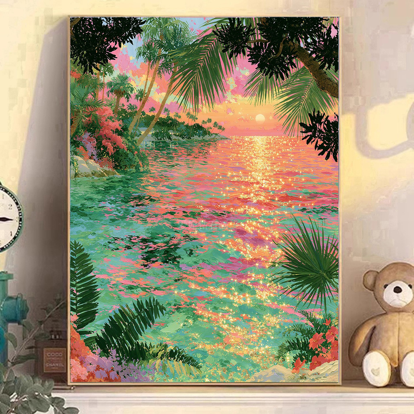 高颜值DIY树脂方钻满钻钻石画碧绿海水海上日落晚霞棕树粘贴钻绣图片
