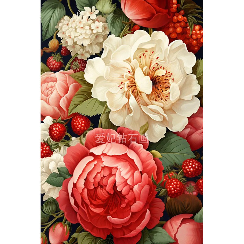 DIY方钻满钻钻石画贴钻印花十字绣带钻白牡丹红牡丹花卉树莓水果