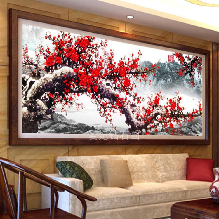 中国风古典客厅diy方钻满钻钻石画红梅报春梅花图贴钻镶钻十字绣