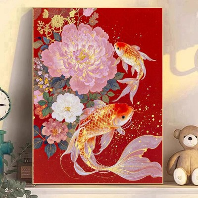 新中式DIY方钻满钻粘贴钻钻石画钻石绣带钻十字绣牡丹花红鲤鱼图
