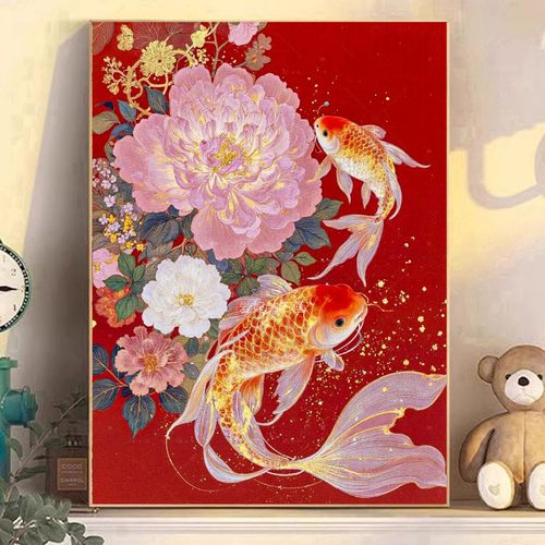 新中式DIY方钻满钻粘贴钻钻石画钻石绣带钻十字绣牡丹花红鲤鱼图