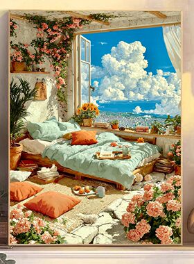 韩式高颜值DIY树脂方钻满钻贴砖钻石画鲜花卧室高层蓝天白云风景