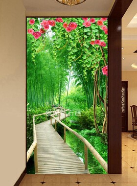 diy方钻满钻钻石画竹林木桥绿色清新3D玄关过道背景镶贴钻十字绣
