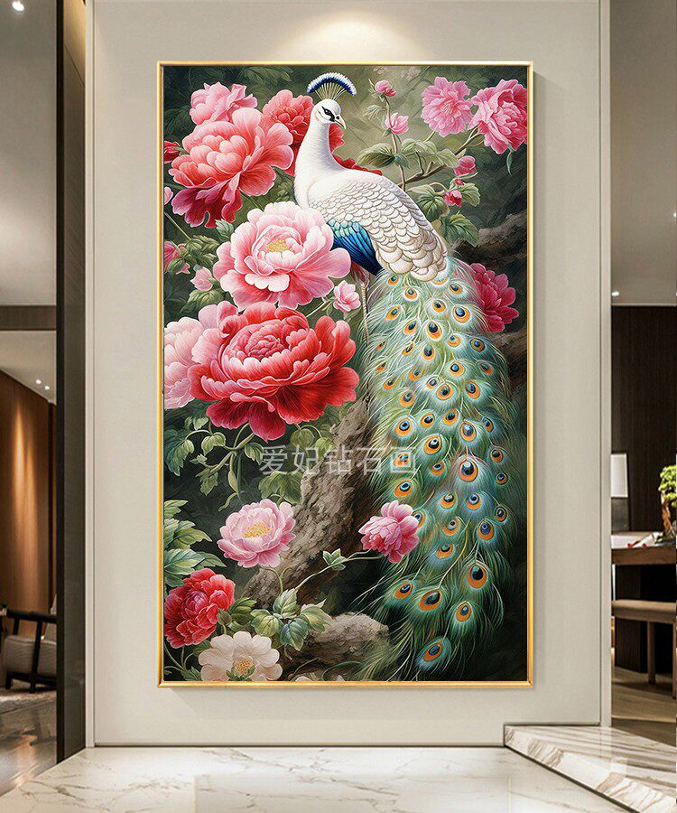 新款走廊DIY方钻满钻钻石画钻石绣粉牡丹白孔雀玄关粘贴钻十字绣