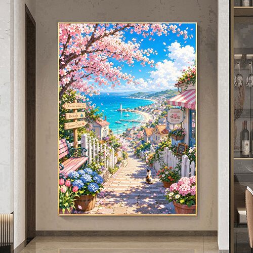 2026新款欧式DIY方钻满钻贴钻钻石画春天海边小镇樱花绣球花猫咪