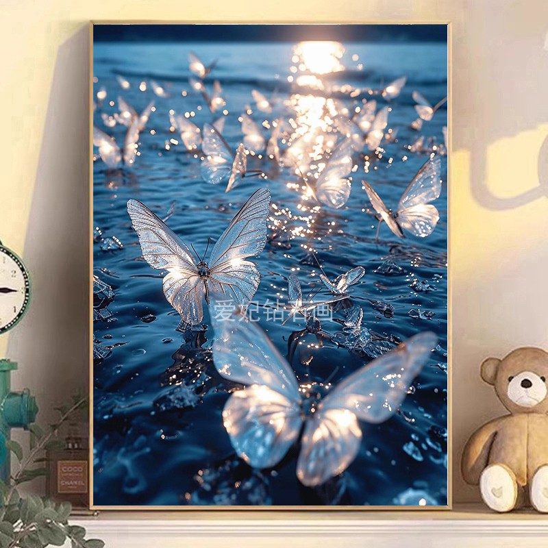 方钻满钻钻石画钻石绣手工贴钻砖石绣带钻海边日出水面透明蝴蝶