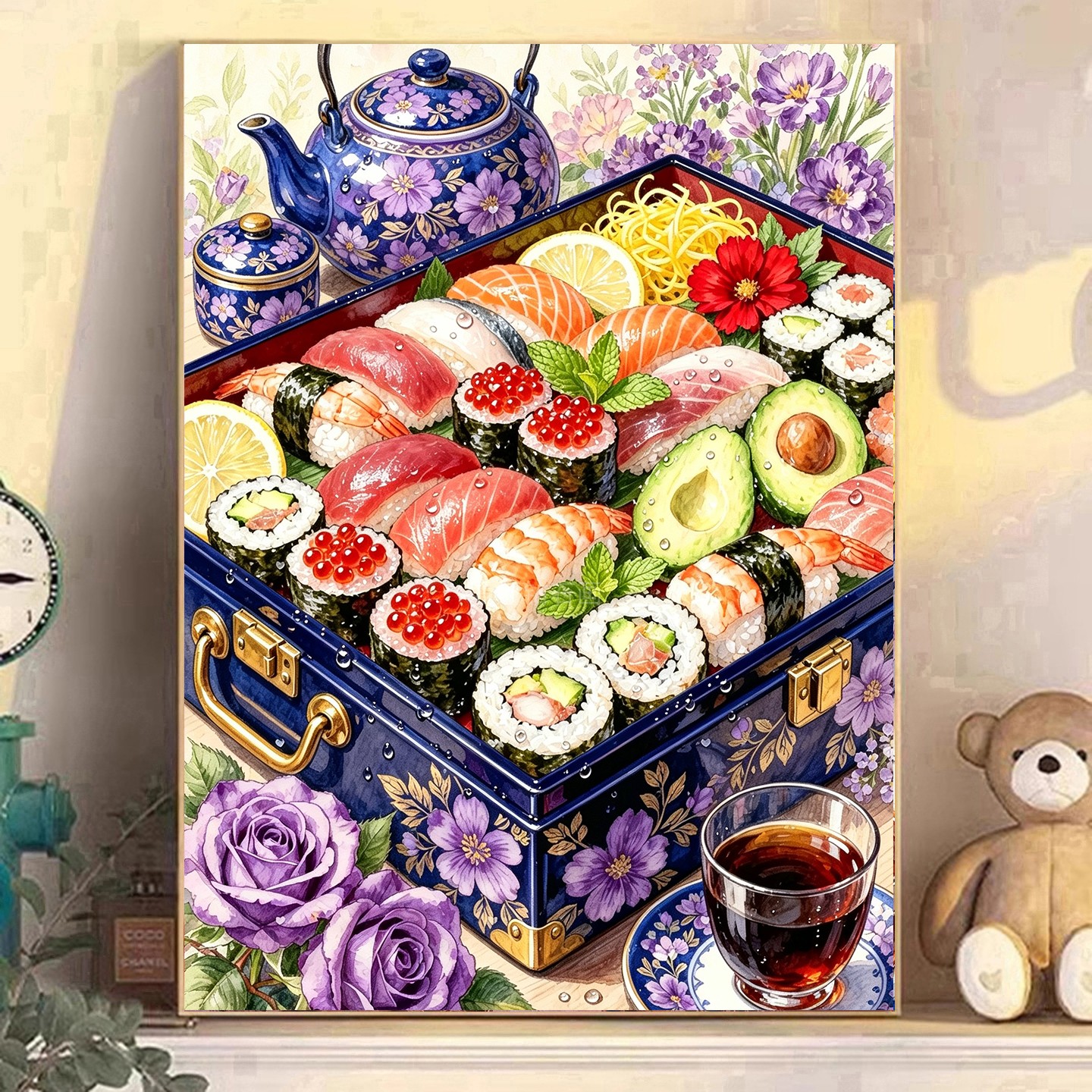 韩系方钻满钻钻石画紫花壶三文鱼寿司紫菜包饭下午茶二贴钻钻石绣