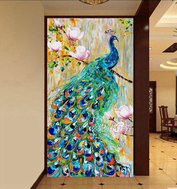 2019方钻钻石画满钻客厅欧式贴钻十字绣翡翠绿孔雀玉兰花玄关竖版