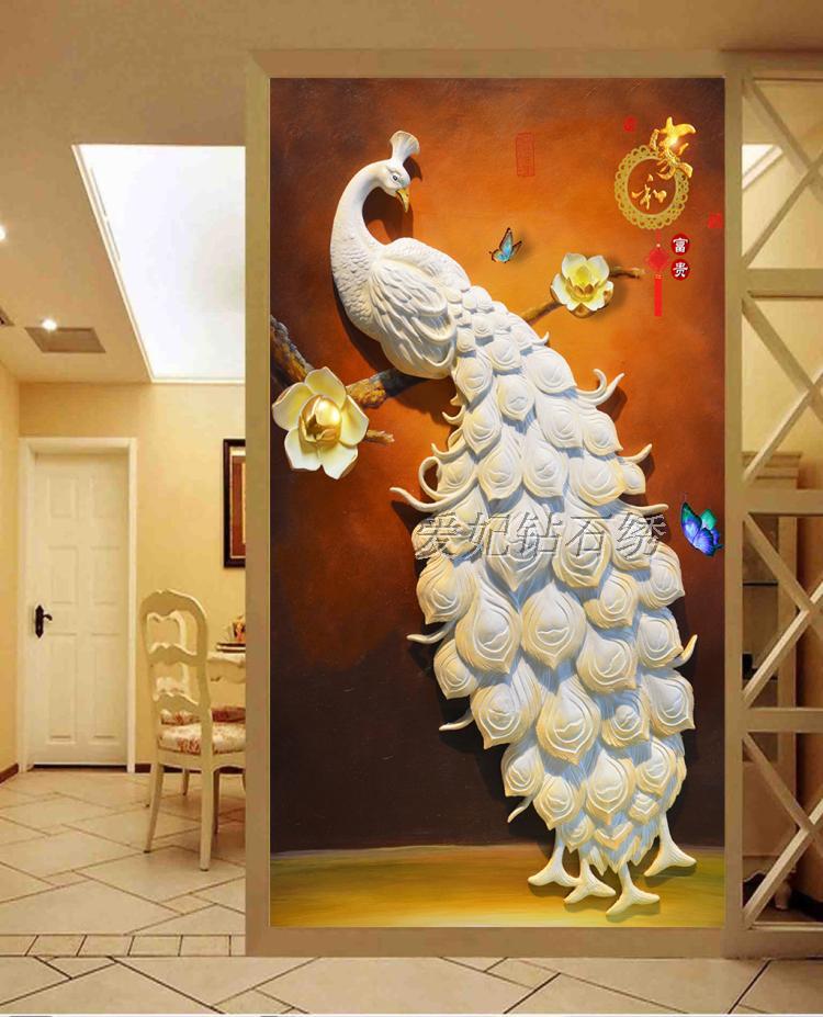 走廊钻石画钻石绣方钻满钻贴钻画十字绣浮雕立体白孔雀玄关竖版