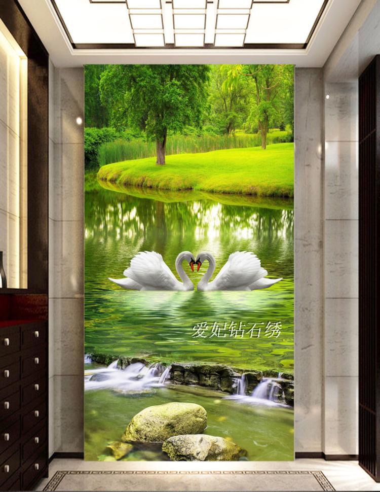 2025新款方钻满钻钻石画沾贴钻十字绣小清新绿色心心相印白天鹅湖