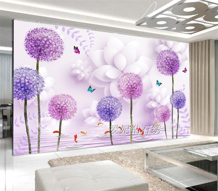 十字绣贴钻画2019新款简约现代钻石画紫色立体蒲公英九鱼图背景墙