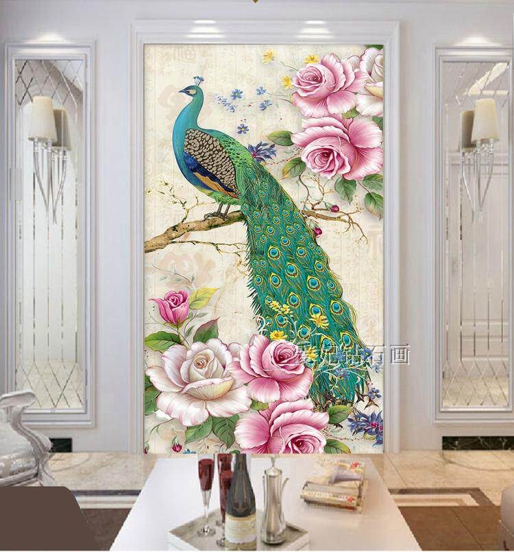 新款客厅玄关竖版方钻满钻钻石画欧式复古孔雀牡丹贴钻十字绣
