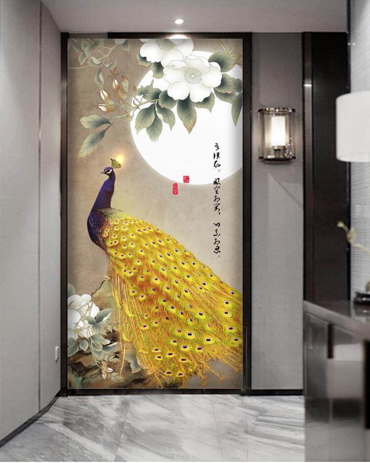 2021新款新中式满钻钻石画十字绣带钻复古怀旧金孔雀走廊玄关竖版