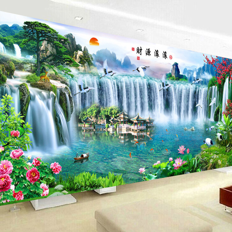 新款中国风客厅DIY满粘贴点钻十字绣带钻钻石画山水瀑布财源滚滚