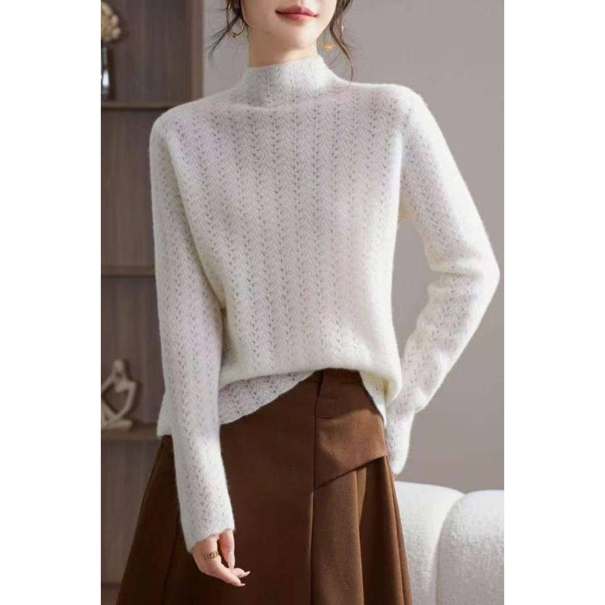宽松百搭女士立领镂空100羊绒杉