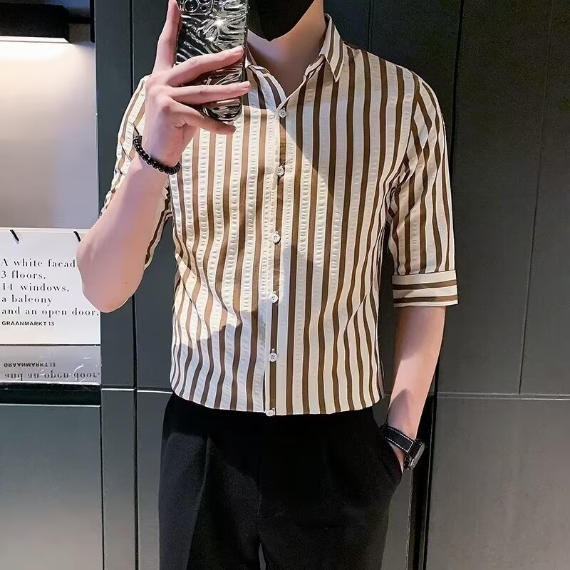 轻奢撞色休闲条纹短袖衬衫夏季潮男简约百搭中袖衬衣五分袖寸衣潮
