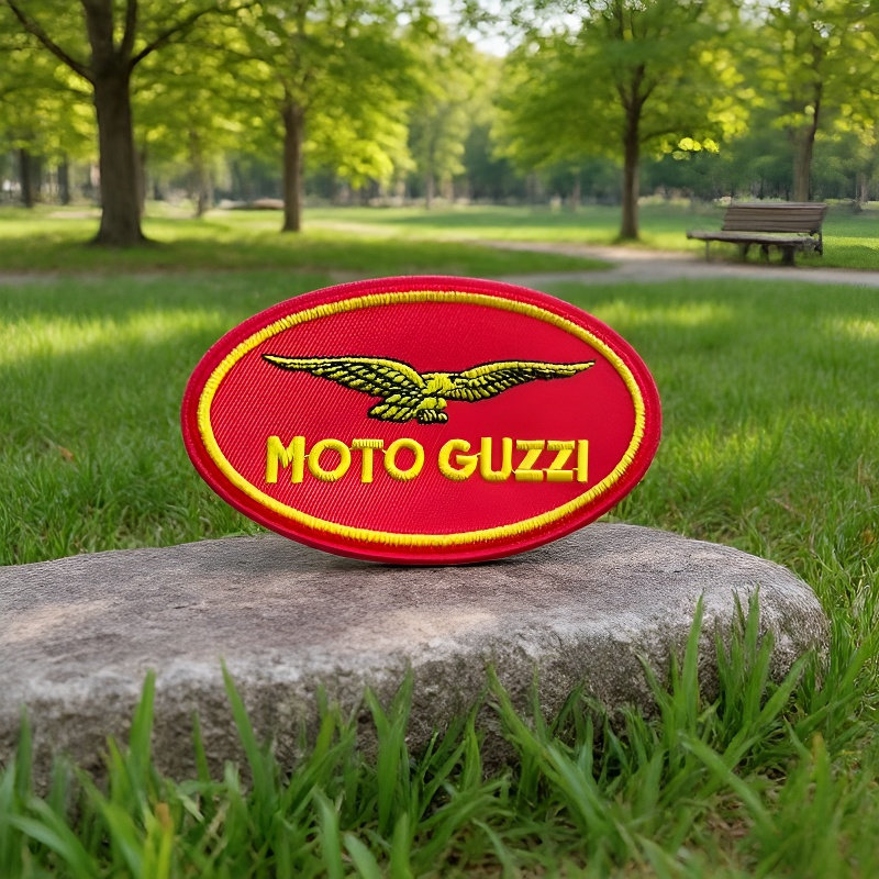 MOTO GUZZI摩托车品牌logo徽章红色椭圆形魔术贴绣花布贴logo补丁