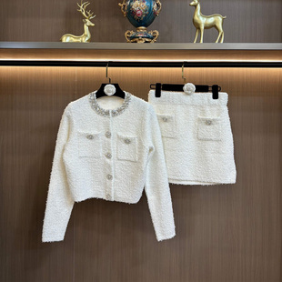 小香风气质两件精致镶钻领口长袖 短外套高腰半身短裙 花纱针织开衫