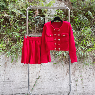 长半身裙 法式 外套 针织开衫 百褶裙 千金风中国红心型钻扣圆领短款