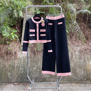 长裤 小香风套装 针织开衫 名媛立体花朵短款 2025秋冬流行撞色小洋装