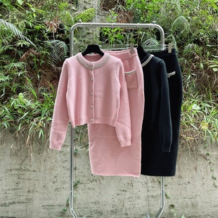短外套半身长裙 钉钻粉色针织开衫 25秋冬法式 气质小香风名媛套装