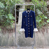 包臀修身 25年秋冬法式 名媛撞色喇叭袖 显身针织连衣裙配腰带打底裙