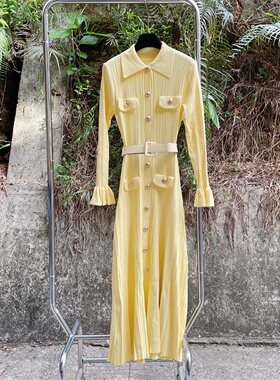 明媚温柔黄色高弹针织法式翻领针织连衣裙喇叭袖优雅修身显瘦长裙