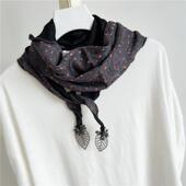 新款 时尚 2024秋季 小碎花丝巾菱形女棉麻围巾秋冬披肩百搭拼色围脖