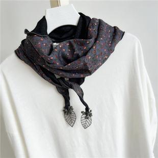 时尚2024秋季新款小碎花丝巾菱形女棉麻围巾秋冬披肩百搭拼色围脖