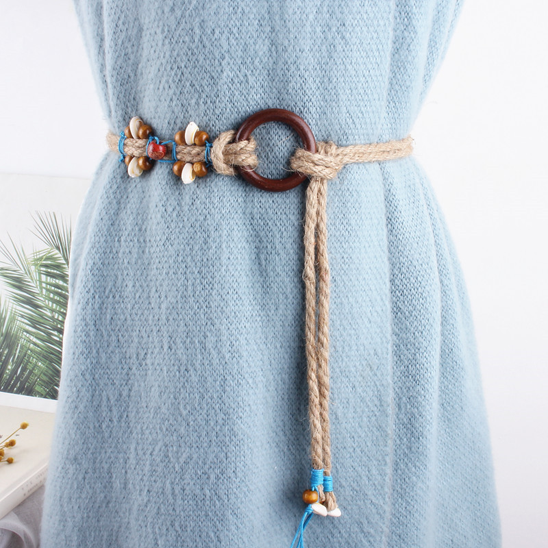 文艺日系编织腰带女细配裙子衬衫粗麻绳子圆扣腰绳装饰古风腰链