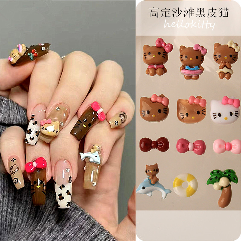 卡通沙滩黑皮猫美甲钻立体蝴蝶结