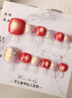 红色亮片闪粉猫眼美甲穿戴甲贴片成品指甲片纯手工仙女风脚趾甲