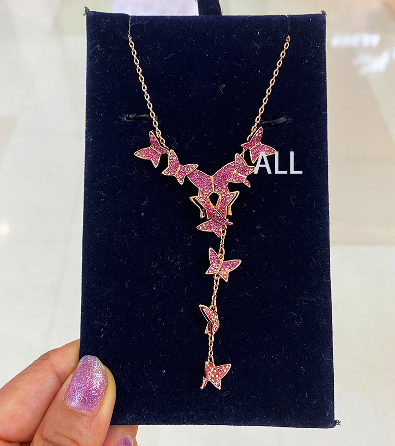 y形立体粉色水晶蝴蝶项链女 美好回忆粉嫩少女锁骨链5368428 包邮