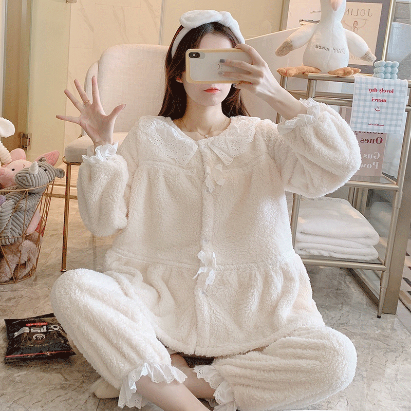 女珊瑚绒纯棉花边甜美保暖