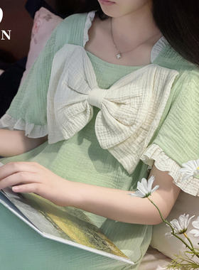 BIEN公主睡裙女夏季2026年新可爱大蝴蝶结短袖裙家居服纱布棉纯棉