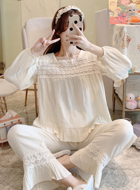 睡衣女秋季薄款家居服ins风长袖长裤纯棉纱布棉可外穿公主风套装