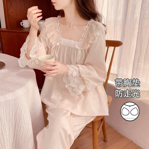 女纯棉花边拼接睡衣套装