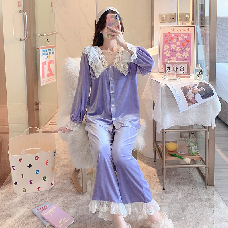 v领蕾丝花边公主风薄绒家居服