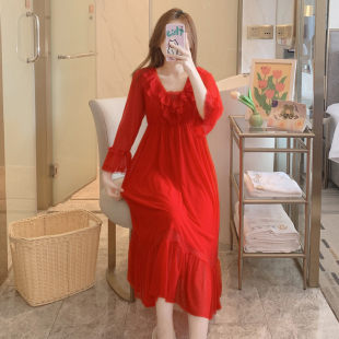 红色晨袍女新娘睡裙春秋季甜美可爱公主风家居服仙女莫代尔本命年