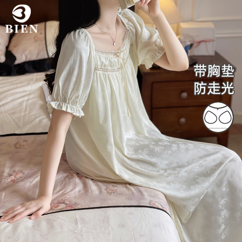 BIEN带胸垫冰丝睡裙女夏季2025新款甜美公主宫廷风家居服凉感睡衣