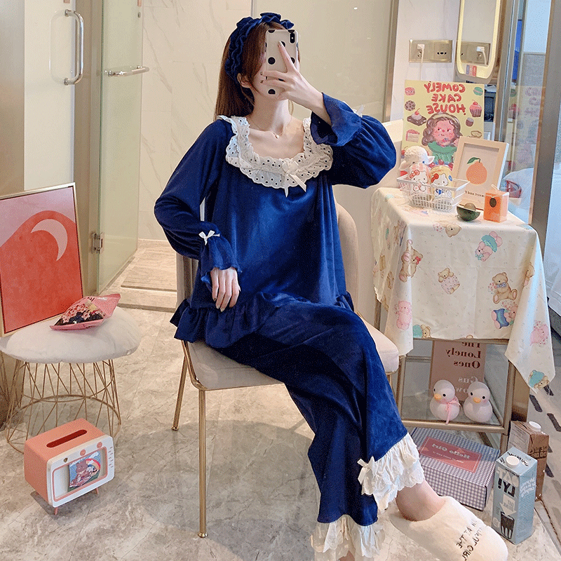 女海岛绒花边蝴蝶结睡衣套装