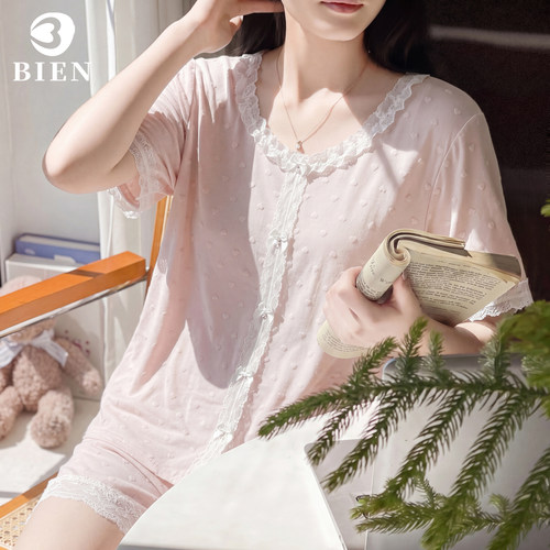 BIEN莫代尔提花睡衣女夏季短袖短裤套装亲肤透气蕾丝边家居服夏天