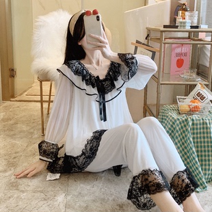 睡衣女春秋款 家居服 法式 复古宫廷风网纱莫代尔蕾丝秋甜美公主套装