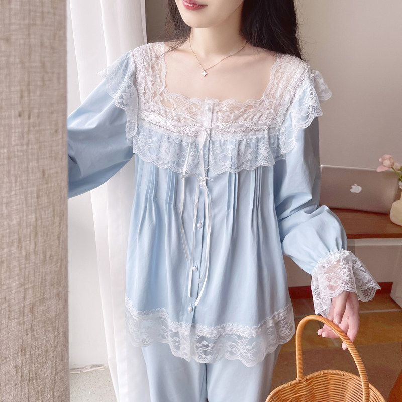 女纯棉花边拼接睡衣套装