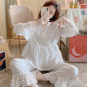 睡衣女春秋季纯棉提花长袖长裤套装公主宫廷风和服日系系带家居服