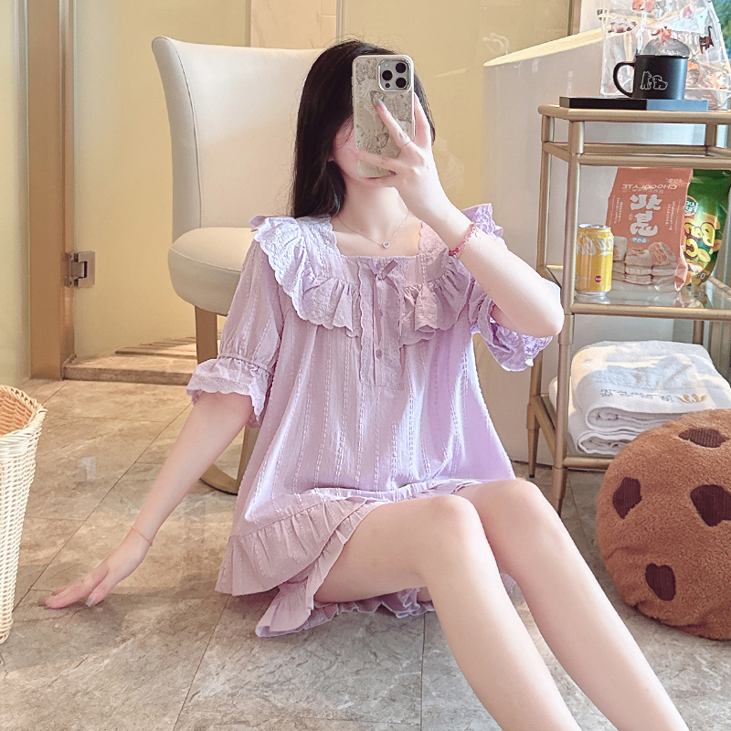 女纯棉花边拼接睡衣套装