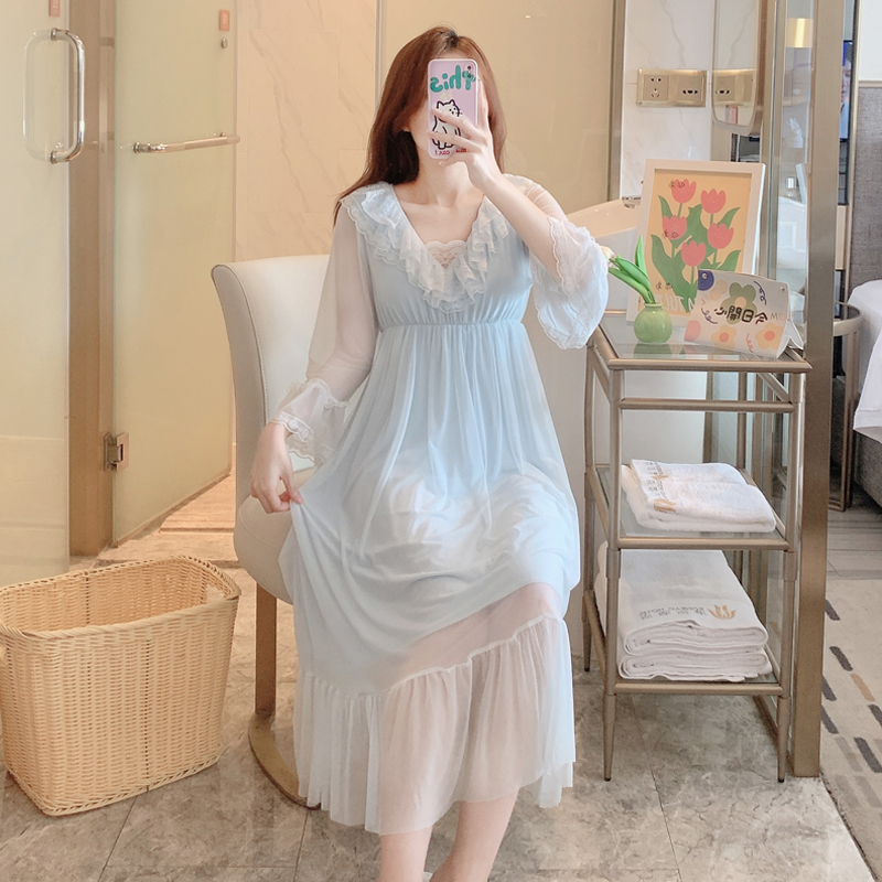 网纱莫代尔春夏宫廷仙女花边睡裙
