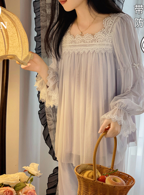 BIEN带胸垫网纱睡衣女春秋季甜美可爱公主风家居服法式宫廷莫代尔